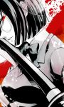  black_hair breasts durarara!! glasses hitachi large_breasts red_eyes school_uniform short_hair solo sonohara_anri sword weapon 