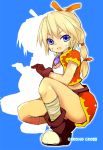  blonde_hair blue_eyes boots chrono_cross female gloves jacket kid_(chrono_cross) long_hair miniskirt necklace nephilimax ponytail skirt solo squat 