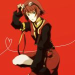  asymmetrical_clothes brown_hair choker fingerless_gloves gloves goggles goggles_on_head green_eyes heart heart_of_string red red_background rita_mordio short_hair tales_of_(series) tales_of_vesperia 