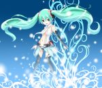  an aqua_eyes aqua_hair barefoot bridal_gauntlets glowing hatsune_miku hatsune_miku_(append) highres long_hair miku_append navel necktie smile solo toeless_socks twintails very_long_hair vocaloid vocaloid_append 