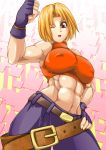  abs alop-net arm_up armpits belt beltskirt blonde_hair blue_mary breasts erect_nipples fatal_fury fingerless_gloves gloves halterneck hand_on_hip highres king_of_fighters large_breasts midriff muscle navel open_mouth red_eyes short_hair sleeveless snk solo taut_shirt wink 