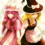  blonde_hair hand_holding hat holding_hands kirisame_marisa mr multiple_girls patchouli_knowledge purple_hair touhou witch_hat 