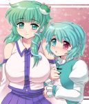  blue_hair breasts detached_sleeves frog green_eyes green_hair hair_ornament heterochromia inaho kochiya_sanae large_breasts long_hair red_eyes short_hair snake tatara_kogasa touhou 