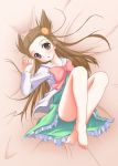  barefoot bed bed_sheet brown_eyes brown_hair dress feet griefwear hair_ribbon highres long_hair mikan_(pokemon) on_back open_mouth pokemon pokemon_(game) pokemon_gsc ribbon solo twintails 