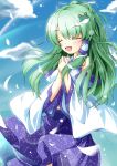  alternate_hairstyle altivr closed_eyes detached_sleeves frog green_hair hair_ornament highres japanese_clothes kochiya_sanae long_hair ponytail snake solo touhou 