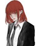  1girl bangs black_neckwear black_suit blunt_bangs chainsaw_man closed_mouth formal makima_(chainsaw_man) medium_hair necktie noroma02 orange_eyes red_lips simple_background sketch smile solo suit upper_body white_background 