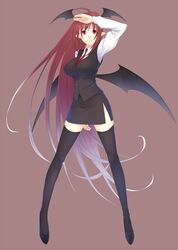  black_legwear black_thighhighs breasts dress_shirt head_wings hiroya hiroya_juuren koakuma long_hair miniskirt necktie pointy_ears red_eyes red_hair redhead shirt skirt solo thigh-highs thighhighs touhou vest wings zettai_ryouiki 