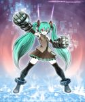  anklet aqua_hair armpits black_legwear black_thighhighs detached_sleeves gauntlets gloves hatsune_miku headphones highres jewelry legs long_hair masn_(moxi) moxi necktie red_eyes skirt smile solo thigh-highs thighhighs twintails very_long_hair vocaloid zettai_ryouiki 