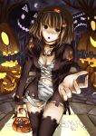  brown_eyes brown_hair candy character_request costume halloween jack-o'-lantern jack-o-lantern mummy pumpkin short_hair sinzire thigh-highs thighhighs 