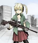  bad_id blonde_hair blue_eyes ear_protection earmuffs gun iris_(material_sniper) materia_candy material_sniper pantyhose ponytail psg-1 rifle rooftop scope singlet sketch skirt sleeves_rolled_up sniper_rifle solo weapon 