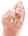  chibi flandre_scarlet flat_gaze hands hat highres minigirl okemai red_eyes short_hair side_ponytail size_difference touhou wings 