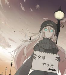  clouds dusk frown gloves hat highres lamppost long_hair moon mute original scarf sign sky snowdrop solo striped striped_scarf translated vane white_hair 