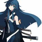  bell blue_eyes blue_hair bow chain chains detached_sleeves hair_bow hime_cut jingle_bell katana long_hair original sheath sheathed simple_background smile solo sword vane weapon 