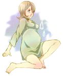  1girl alternate_costume aqua_eyes bad_end barefoot blonde_hair breasts crying demento fiona_belli hair_down hair_over_one_eye hospital_gown lips lowres pregnant short_hair solo tears 