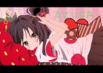  black_hair blush brown_eyes food fruit holding holding_fruit k-on! letterboxed listen!! long_hair lying misa_(mikarin) nakano_azusa polka_dot side_ponytail solo stars strawberry 