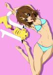  1girl arms_up bad_id barefoot bikini borupikka brown_eyes brown_hair crossover highres hirasawa_yui k-on! lying pikachu pokemon pokemon_(creature) swimsuit 