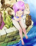  barefoot bikini boots bracelet braid brick clothes face feet flat_chest foreshortening from_above hajime_(dinton) hands jewelry legs original pendant perspective pink_hair purple_eyes short_hair single_glove sitting smile solo striped striped_bikini striped_swimsuit swimsuit twin_braids uyama_hajime violet_eyes water waterfall 