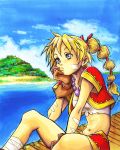  beads blonde_hair blue_eyes braid chin_rest chrono_cross crop_top facial_mark female gloves island jacket jewelry kid_(chrono_cross) ladymarta long_hair midriff necklace ocean ponytail sea sitting sky solo tanktop vest 