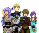   3boys armor arms_up bare_shoulders blonde_hair blue_eyes blue_hair blush brown_hair chrono_cross dario dress closed_eyes female flower glenn_(chrono_cross) hairband headband karsh long_hair male mituihisasi necklace red_eyes riddel scar short_hair  