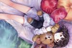  bed bed_sheet black_eyes black_hair doll doll_hug dress_shirt hair_down highres kishida_mel lying official_art pillow scan scan_artifacts shirt solo sora_no_woto stuffed_animal stuffed_toy suminoya_kureha teddy_bear 