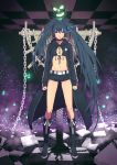  black_hair black_rock_shooter black_rock_shooter_(character) blue_eyes boots chain checkered cross glowing_eye highres hooded_jacket hoodie lips long_hair midriff navel nayu scar short_shorts shorts skull solo stitches twintails unzipped very_long_hair 