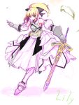  armored_dress bare_shoulders blonde_hair bow caliburn detached_sleeves dress excalibur fate/stay_night fate/unlimited_codes fate_(series) gauntlets green_eyes hair_bow hair_ribbon petals ponytail ribbon saber saber_lily solo sword vane weapon 