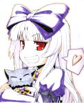  bad_id bow bow_(weapon) cat cat_tail dos_cat grin hair_bow heart jingai_modoki marker_(medium) os purple_hair red_eyes shikishi smile spoken_heart tail traditional_media weapon 
