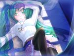  aqua_eyes aqua_hair artist_request crying feathers hatsune_miku hayosena jewelry long_hair necklace on_back pleated_skirt ribbed_sweater skirt solo sweater tears thigh-highs thighhighs turtleneck twintails vocaloid 