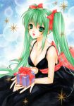  6kusa bad_id black_dress bow breasts cleavage dress gift green_eyes green_hair hair_bow hatsune_miku holding holding_gift long_hair smile solo traditional_media twintails vocaloid 