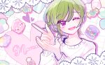  blush candy character_name dear_vocalist food green_hair heart highres jeje_(pixiv60670177) macaron momochi_(dear_vocalist) one_eye_closed pale_skin pointing_to_the_side violet_eyes 