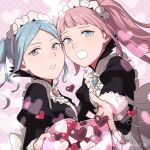  2girls absurdres apron black_dress blue_eyes blue_hair blush breasts brooch candy center_frills chocolate commentary dress english_commentary fang felicia_(fire_emblem) fire_emblem fire_emblem_fates flora_(fire_emblem) food forehead frills grey_eyes heart heart-shaped_chocolate highres jewelry juliet_sleeves long_hair long_sleeves looking_at_viewer maid maid_headdress medium_breasts multiple_girls open_mouth outstretched_arm peach11_01 pink_hair ponytail puffy_sleeves reaching_out siblings sisters skin_fang sweatdrop twins twintails twitter_username upper_body valentine waist_apron white_apron 