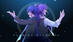  2boys back-to-back black_background black_jacket black_vest blue_hair blue_nails blue_scarf closed_eyes commentary formal headset highres jacket kaito_(vocaloid) kamui_gakupo light_particles long_hair male_focus multiple_boys music nail_polish open_mouth outstretched_arm ponytail purple_hair purple_nails scarf shirt singing song_name suit very_long_hair vest vocaloid white_shirt yinnnn 