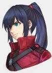  1boy bangs belt black_hair blue_eyes eyebrows_visible_through_hair from_side hair_between_eyes hair_tie jacket male_focus natrium_picture noah_(xenoblade) ponytail profile red_jacket shirt shoulder_strap simple_background solo sweater tied_hair turtleneck turtleneck_sweater upper_body white_background xenoblade_chronicles_(series) xenoblade_chronicles_3 