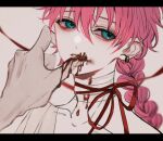  1boy akuma_shitsuji_to_kuroi_neko androgynous bandages blue_eyes braid chocolate chocolate_on_hand earrings food_on_hand highres jewelry lato_bacca looking_to_the_side micy pale_skin pink_hair white_background 