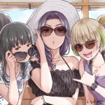  3girls \m/ adjusting_eyewear ashihara_miu black_eyes black_hair blonde_hair bracelet character_request collarbone day domestic_na_kanojo hand_up hat jewelry multicolored_hair multiple_girls necklace off-shoulder_shirt off_shoulder purple_hair sasuga_kei serizawa_miyabi shirt signature sky sleeveless smile smug streaked_hair sun_hat sunglasses swimsuit swimsuit_under_clothes tongue tongue_out watch 