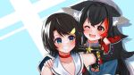  2girls ;d animal_ear_fluff animal_ears bangs bell black_hair blue_eyes blue_shirt blush brown_eyes brown_hair cape commentary_request cosplay costume_switch daichi_(daichi_catcat) detached_sleeves eyebrows_visible_through_hair grin hair_ornament hairclip hand_on_another&#039;s_cheek hand_on_another&#039;s_face hand_on_another&#039;s_shoulder highres hololive jingle_bell long_hair long_sleeves looking_at_another multicolored_hair multiple_girls one_eye_closed ookami_mio ookami_mio_(cosplay) oozora_subaru oozora_subaru_(cosplay) red_cape redhead sailor_collar shirt short_hair simple_background smile streaked_hair virtual_youtuber white_sailor_collar wolf_ears 
