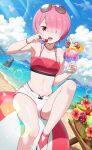  1girl :d ball bare_legs beach beachball bikini bikini_top_only bird blue_sky breasts clouds collarbone cup day drinking_straw earrings eyewear_on_head hair_over_one_eye highres holding holding_cup jewelry lens_flare looking_at_viewer navel ocean open_mouth outdoors pink_hair ram_(re:zero) re:zero_kara_hajimeru_isekai_seikatsu red-framed_eyewear red_bikini red_eyes shiny shiny_hair short_hair short_shorts shorts sitting sky small_breasts smile solo summer sunglasses swimsuit white_shorts 