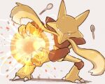 alakazam black_eyes claws commentary_request energy_ball grey_background legs_apart looking_at_viewer oniwa_nwai pokemon pokemon_(creature) solo spoon standing 
