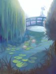  1girl arms_at_sides awada_room backlighting barefoot bridge closed_eyes commentary_request dress flower grass halo highres lily_pad long_sleeves lotus nature original reflection reflective_water river scenery solo sunlight tree walking white_dress white_hair 