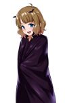  ahoge bat_hair_ornament black_cape blue_eyes blush brown_hair cape child commentary_request covering eyebrows_visible_through_hair hair_ornament idolmaster idolmaster_million_live! riking short_hair smile solo suou_momoko wavy_hair white_background 