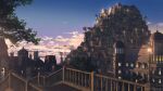  blue_sky city cityscape clouds commentary_request gradient_sky highres lamppost night no_humans original outdoors railing scenery sky star_(sky) tree waisshu_(sougyokyuu) weather_vane window 