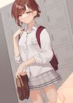  1girl backpack bag bangs blurry blurry_background brown_hair commentary_request dutch_angle hair_ornament hairclip highres higuchi_madoka idolmaster idolmaster_shiny_colors loafers miniskirt mitora_nao mole mole_under_eye plaid plaid_skirt pleated_skirt school_uniform shirt shoe_locker shoes shoes_removed short_hair skirt sleeves_rolled_up solo sweat swept_bangs tied_hair violet_eyes white_shirt 
