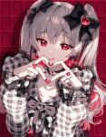  1girl :q black_bow bow bowtie closed_mouth earrings grey_hair hair_bow hands_up heart heart_hands highres jewelry lace_trim long_hair long_sleeves looking_at_viewer nail_polish nardack original plaid plaid_shirt red_eyes shirt smile solo tongue tongue_out twintails upper_body white_shirt 