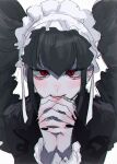  1girl bangs black_hair black_jacket black_nails celestia_ludenberg danganronpa:_trigger_happy_havoc danganronpa_(series) eyebrows_visible_through_hair grey_background headdress highres interlocked_fingers jacket long_sleeves looking_at_viewer nail_polish own_hands_clasped own_hands_together red_eyes shiny shiny_hair simple_background sketch smile solo symbol-only_commentary tabo_(aoiaoi_susu) 