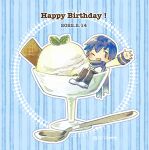  1boy blue_background blue_eyes blue_hair blue_scarf brown_pants chibi coat commentary dated food happy_birthday ice_cream_cup ice_cream_scoop kaito_(vocaloid) looking_at_viewer male_focus miniboy mint one_eye_closed outstretched_arm pants scarf shiibe_(siiibeee) solo spoon striped striped_background twitter_username vocaloid wafer waving white_coat 