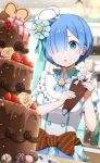  1girl :o aqua_ribbon blue_eyes blue_hair bow brown_bow cake food hair_over_one_eye hair_ribbon hat highres holding open_mouth re:zero_kara_hajimeru_isekai_seikatsu rem_(re:zero) ribbon shiny shiny_hair shirt short_hair short_sleeves solo striped striped_bow upper_body white_headwear white_shirt wing_collar 