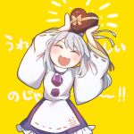  1girl :3 :d ^_^ bangs blue_headwear blue_skirt candy chocolate closed_eyes eyebrows_visible_through_hair facing_viewer food frilled_skirt frills grey_hair hat heart heart-shaped_chocolate highres holding holding_food itsumizu japanese_clothes kariginu long_sleeves mononobe_no_futo open_mouth pom_pom_(clothes) ribbon-trimmed_sleeves ribbon_trim skirt smile solo tate_eboshi touhou translation_request valentine wide_sleeves yellow_background 
