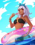  1girl 2020 alternate_costume artist_name bangs bare_shoulders bikini black_bikini black_swimsuit blunt_bangs bracelet breasts clouds collarbone colored_eyelashes cowboy_shot dark-skinned_female dark_skin doughnut_innertube english_commentary eyebrows food hand_up holding holding_stick innertube jewelry league_of_legends looking_at_viewer looking_to_the_side medium_breasts outdoors parted_lips pool_party_(league_of_legends) popsicle qiyana_(league_of_legends) see-through_skirt skirt sky solo stick swimsuit thick_eyebrows thigh_gap vmat white_hair yellow_eyes 