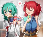  2girls :d bangs blue_dress blue_eyes blurry blurry_background blush box chocolate closed_eyes dress english_commentary flying_sweatdrops gift green_hair heart heart-shaped_box holding holding_gift indoors juliet_sleeves long_sleeves looking_at_another multiple_girls obi onozuka_komachi open_mouth outline puffy_sleeves redhead sash shiki_eiki short_sleeves smile spam_(spamham4506) spoken_heart touhou two_side_up upper_body valentine white_outline 