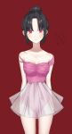  1girl absurdres arms_at_sides ballerina bangs bare_shoulders blush collarbone copyright_request cowboy_shot dress eyebrows_visible_through_hair frown hair_bun highres lisis_(iwtpz) mole mole_under_eye parted_bangs pink_dress red_background red_eyes see-through shiny shiny_hair short_hair simple_background solo 